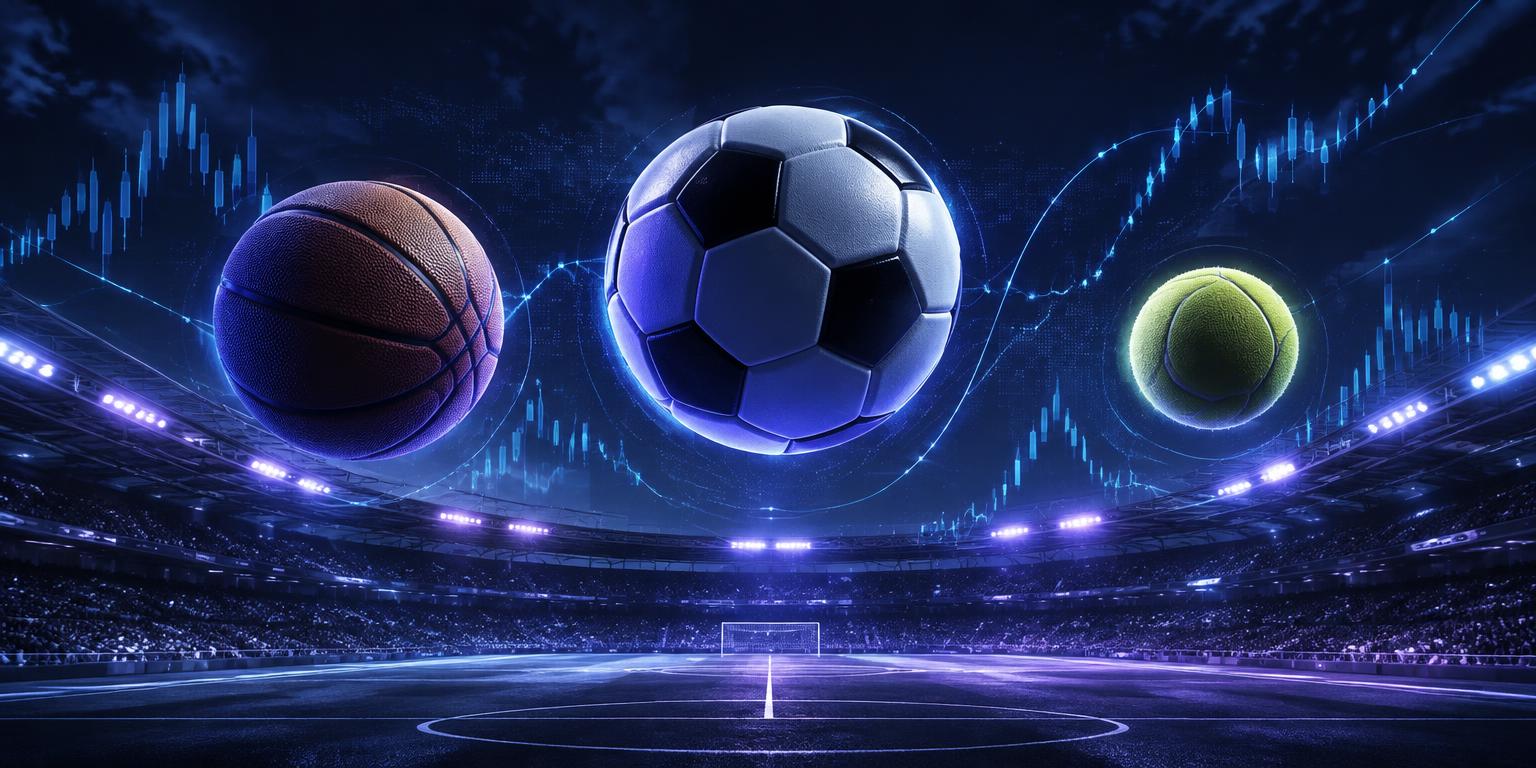 Voetbal, basketbal en tennisbal boven een verlicht stadion