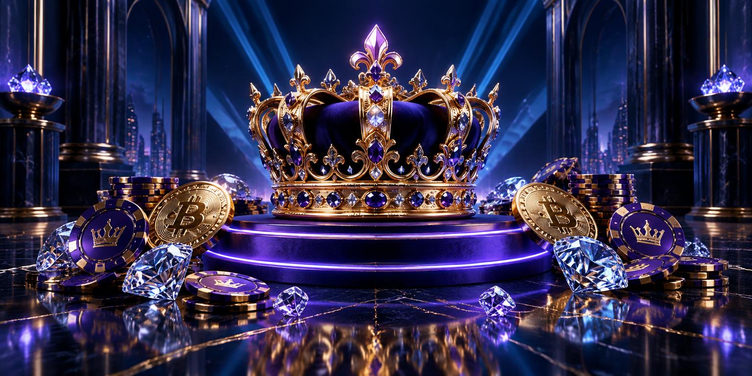 Gouden kroon met diamanten op een paars podium van de JustBit VIP club